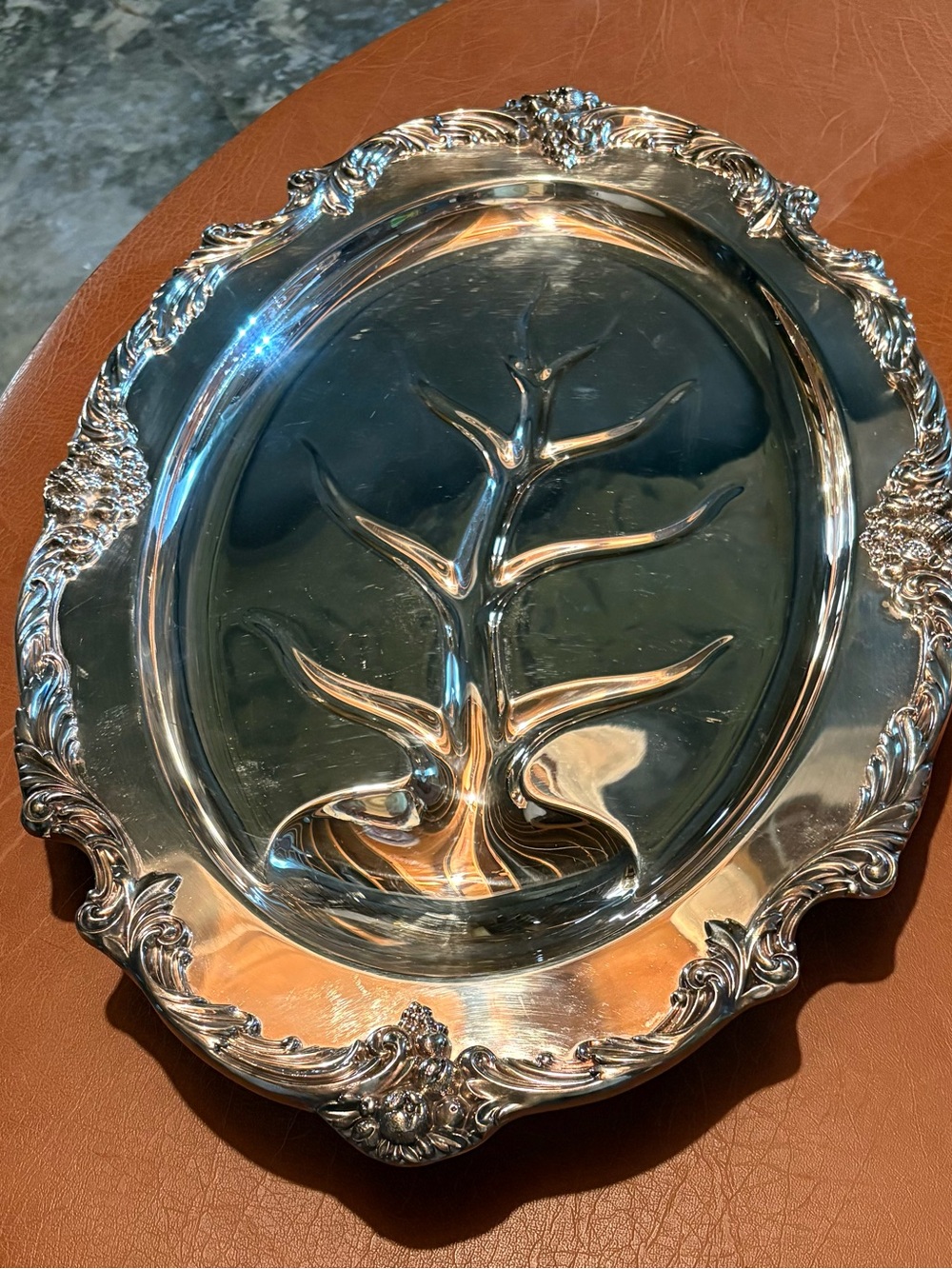 Ornate Silver-Color Serving Platter with Raised Tree Motif